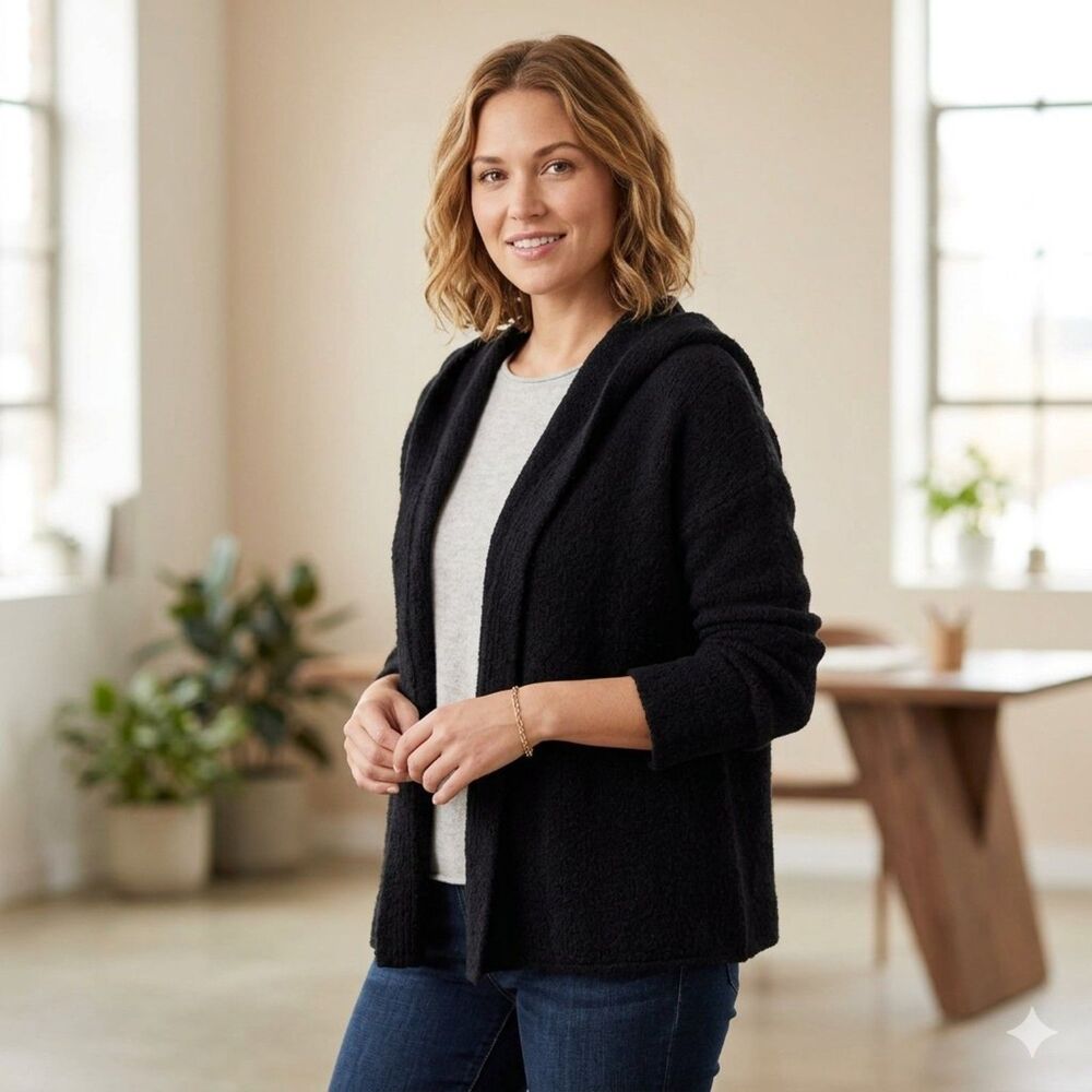 Eileen Fisher Boucle Wool Hooded Open Front Cardigan - Black L